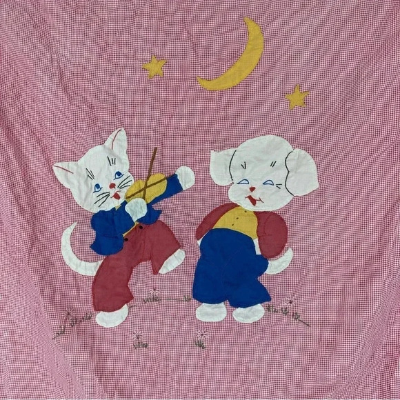 Vintage 40’s handmade appliqué gingham curtain for nursery with kitten and puppy - Picture 2 of 11